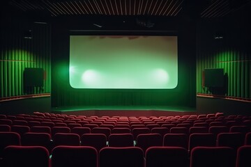 cinema auditorium with chairs and green projector