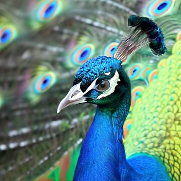 A colorful peacock with a blue and green tail