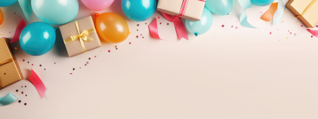 Birthday party background with copy space. Holiday frame with colorful balloon, gift, confetti and streamer. Top view. Created with Generative AI technology.