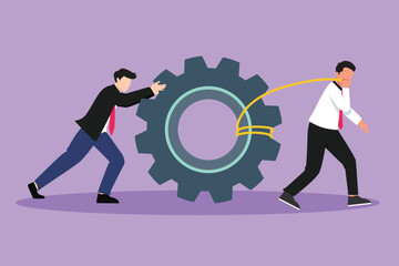 Graphic flat design drawing active business men pulling large gear on rope. Business leader help team pull cog, businessman push gear, business collaboration concept. Cartoon style vector illustration - obrazy, fototapety, plakaty