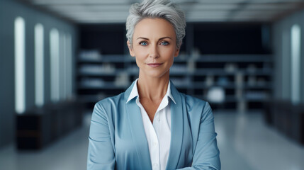 Serious mature businesswoman, confident middle aged female CEO in a modern office. Generative AI
