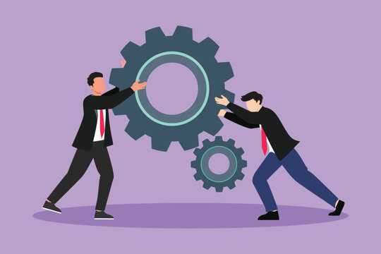 Graphic Flat Design Drawing Of Two Businessmen Help Each Other Pushing Big Cog. Group Of People Push Gear, Team Of Business Tech Holding Gear Collaboration Solution. Cartoon Style Vector Illustration