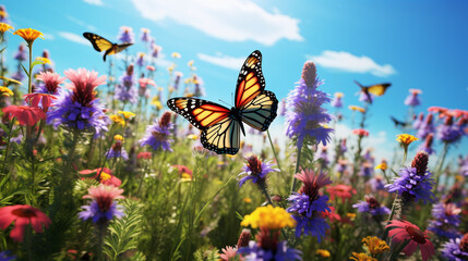 Mountain Serenity Meets Floral Joy: Butterflies Adorn a Picturesque Wildflower Pasture. AI Generative, Midjourney