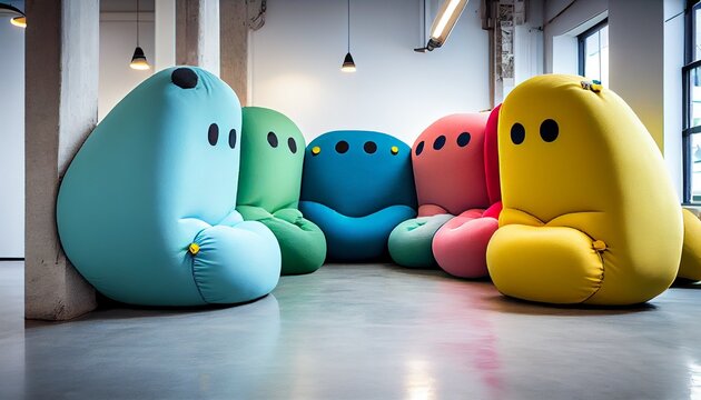 A bustling creative agency with vibrant artwork bean bags and collaborative workspaces. Photo in high quality