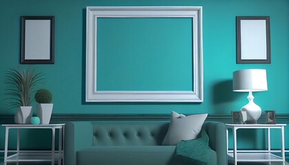 blank white picture frame on teal living room wall. Photo in high quality