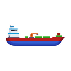 Dry cargo carrier on white background. Side view of industrial ferry boat or cargo ship cartoon illustration. Cargo, shipping concept