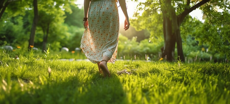 a woman walks barefoot on meadow green grass. close-up.A woman walks barefoot in nature, the concept of grounding, health and unity with nature.
