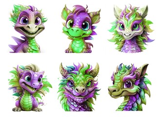 set of cartoon portraits of cute colorful green dragons with big eyes and cheerful emotions. kit