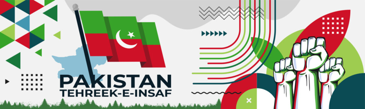 Pakistan tehreek-e-insaf , means league of justice, political party national day banner, PTI flag colors background and geometric abstract modern green red white design. Pakistani insafians flag.