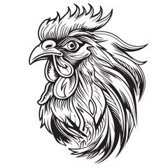 Rooster in icon, logo style. 2d vector illustration in cartoon, doodle style. Black and white
