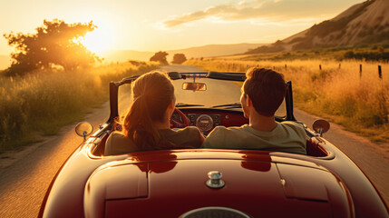 Happy couple riding in a convertible at sunset, rear view. Created with Generative AI technology.
