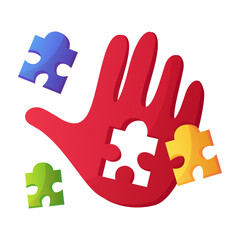 World autism awareness day colorful hand with puzzle pieces. Jigsaw symbol. International solidarity, asperger’s day. Health care, mental illness. Charitable organization, medical or wellness center.