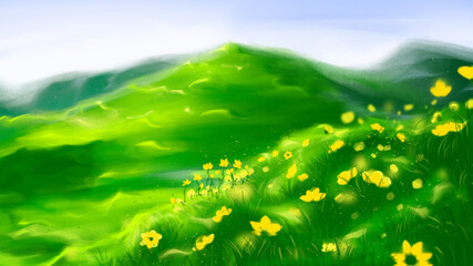 Illustration of green mountains and nature landscape, based on the photo of Ms. Anastasiia Shavshyna