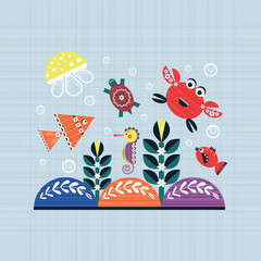 Bright design of marine life. The children's illustration is made of geometric shapes. Children's vector design for cover, background, banner, poster, packaging, postcard and much more.