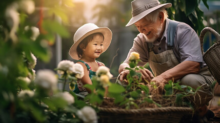 Grandfather shows his granddaughter how to take care of the garden and plants.Created with Generative AI technology.