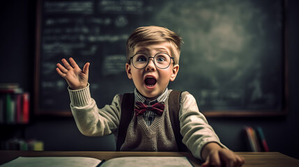 Little boy sitting at the school desk, he wants to answer the teacher.Created with Generative AI technology.