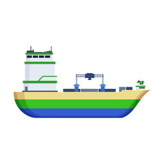 Side view of barge or cargo ship on white background. Cargo vessel or ferry boat cartoon illustration. Industrial or commercial freight. Cargo, shipping concept