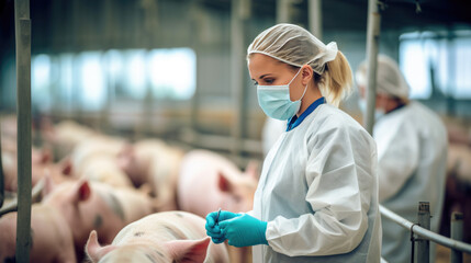 Experienced veterinarian working and checking animals health condition on huge pig farm. Created...