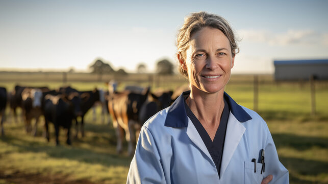 A veterinarian stands in front of cows and smiles for the camera. Created with Generative AI technology.