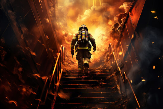 Brave Firefighter Runs Up The Stairs. Raging Fire is Seen Everywhere.