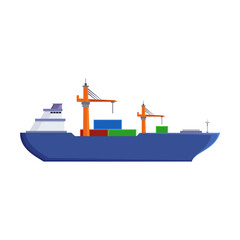 Side view of container ship on white background. Cargo ship or bulker cartoon illustration. Industrial or commercial freight. Cargo, shipping concept