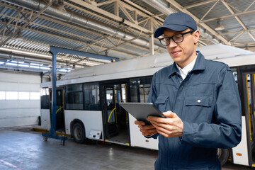 Serviceman with digital tablet on the background of the bus in the garage.
