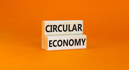 Circular economy symbol. Concept words Circular economy on beautiful wooden block. Beautiful orange table orange background. Business circular economy concept. Copy space.