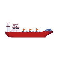 Obraz premium Dry cargo boat on white background. Side view of cargo vessel or bulk carrier cartoon illustration. Industrial or commercial freight. Cargo, shipping concept