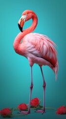 Photo of a vibrant pink flamingo standing proudly against a serene blue background created with Generative AI technology