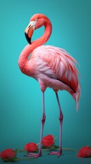 Fototapeta premium Photo of a vibrant pink flamingo standing proudly against a serene blue background created with Generative AI technology