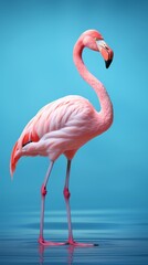 Photo of a vibrant pink flamingo standing gracefully on a vibrant blue surface created with Generative AI technology