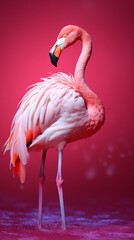 Photo of a graceful pink flamingo standing on one leg on a pink background - created with Generative AI technology