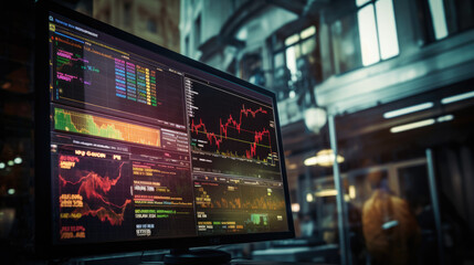 Computer monitor with various trading charts .