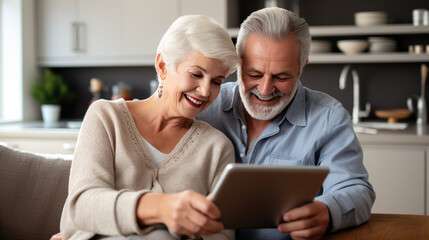 Senior couple with tablet relaxing at home. Created with Generative AI technology.