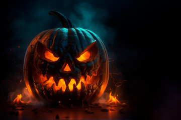 Naklejka premium Glowing Halloween Pumpkin on dark background