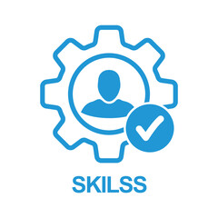 Skills icon with check sign. Skilled employee icon and approved, confirm, done, tick, completed symbol. Icon, capability, skills, employee, faculty, expertise, ability, accept, agree, apply, approved