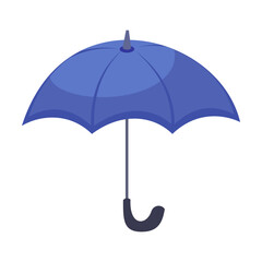 Open blue umbrella with a curved handle to protect against rain on white background. Weather accessories cartoon illustration. Autumn, season concept