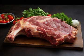 Fototapeta premium Culinary Delight: Raw Pork and Vegetables on Dark Background