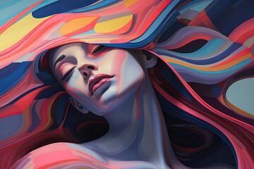 Restful Abstraction: Woman's Portrait with Multi-Colored Lines