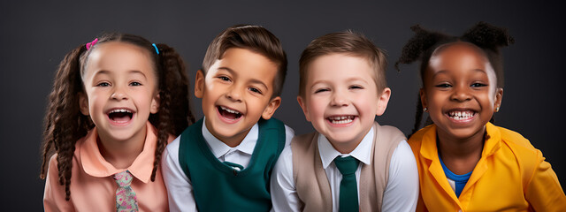 Obraz premium Group of happy school kids smiling on dark background. Created with Generative AI technology.