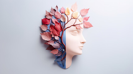 Mental health disorder concept. Human head with autumnal leaves on grey background.