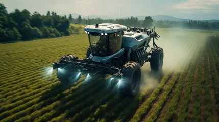 Schilderijen op glas Robotic vehicles and advanced technology reshape the agricultural landscape, elevating smart farming practices © arhendrix