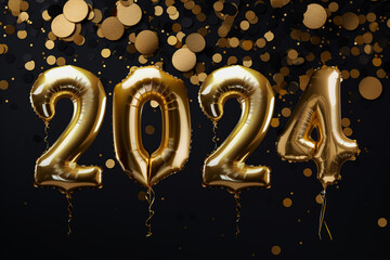 2024 golden foil balloons with golden golden confetti on black background for New Year celebration