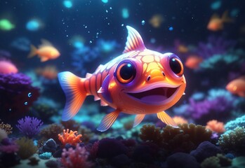 Fototapeta na wymiar Cute glow fish smiling under the sea