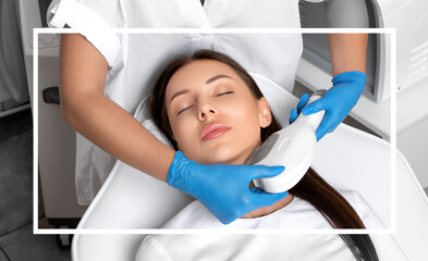 Elos epilation hair removal procedure on the face of a woman. Beautician doing laser rejuvenation on the neck in a beauty salon. Facial skin care. Hardware ipl cosmetology