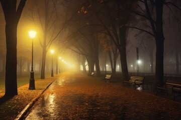 Night alley in autumn city park with benches and light lanterns, wet after rain