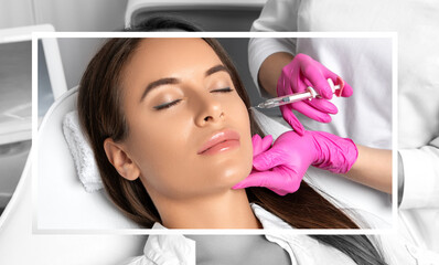 Beautiful brunette woman at the beautician.Cosmetologist does anti wrinkle injections on the face...