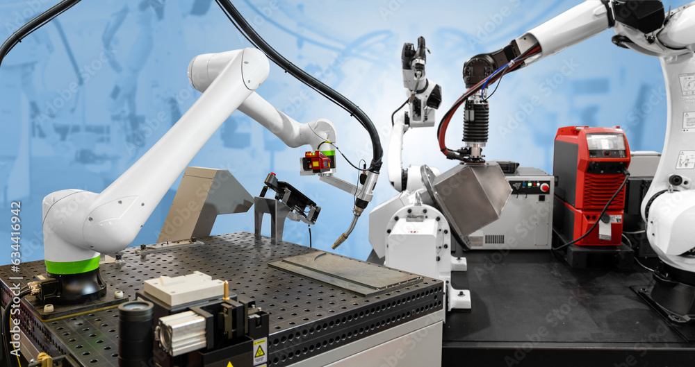 Poster Robots in a smart factory. Smart industry 4.0 concept