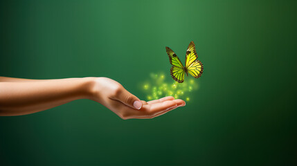 Close-up image of human hand with green butterfly on green background. 