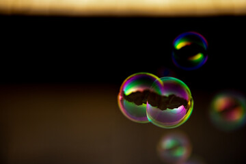 Stuck together soap bubbles. Close-up.